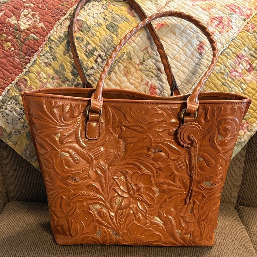 Patricia Nash Adeline Floral Embossed Brown 100% Full Grain Leather Tote